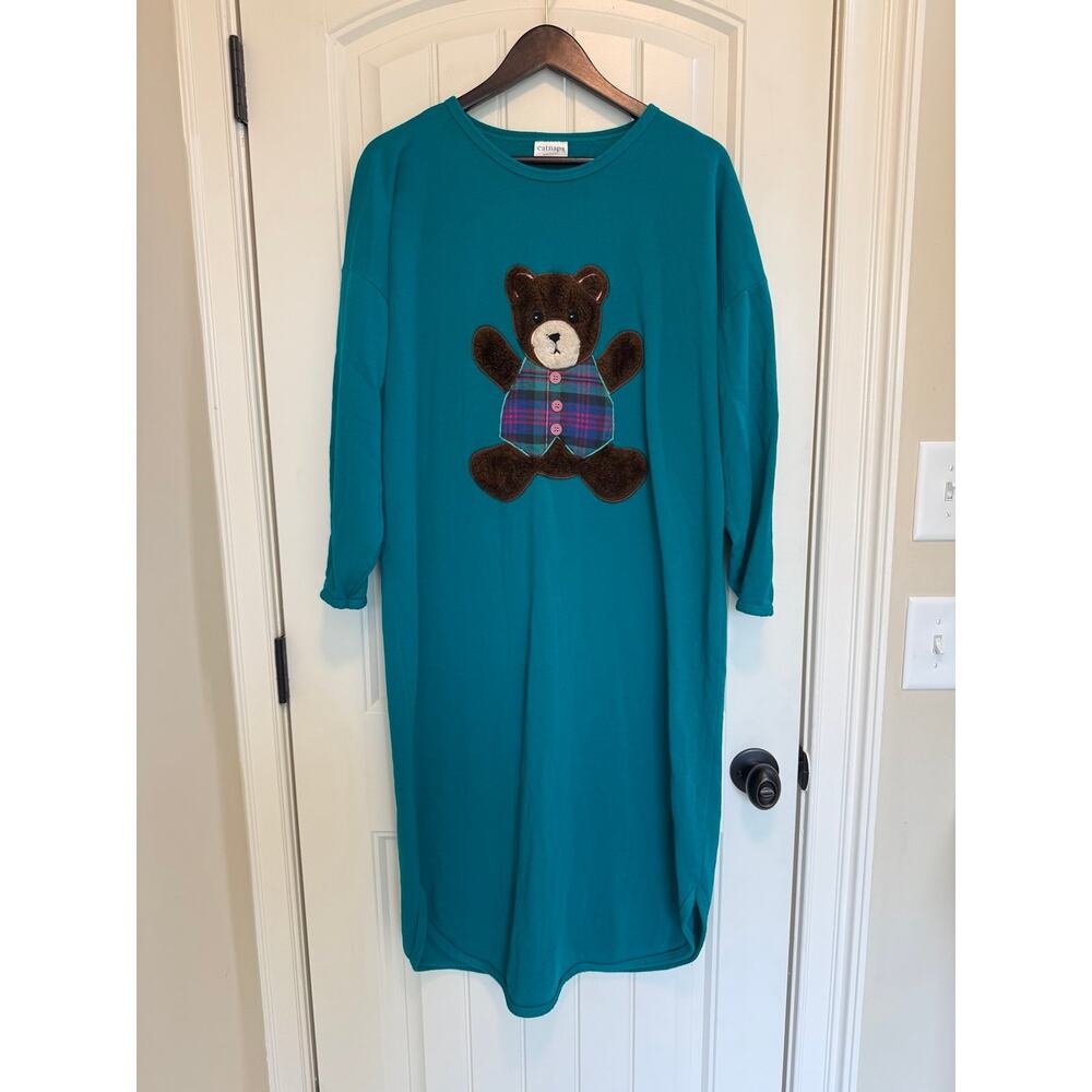 Vintage catnaps nightgown fuzzy teddy bear flannel size Lg. Half length sleeves